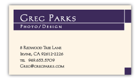 business card for Greg Parks Photo/Design. Greg@gregparks.com